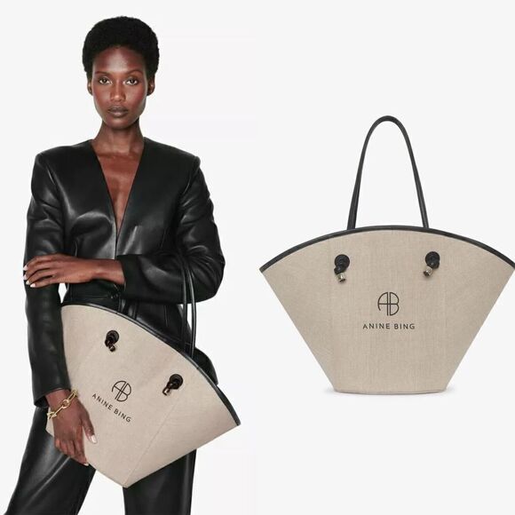 ANINE BING Taylin Linen Tote Bag Beige Brown Silver Hardware NEW - Picture 1 of 10